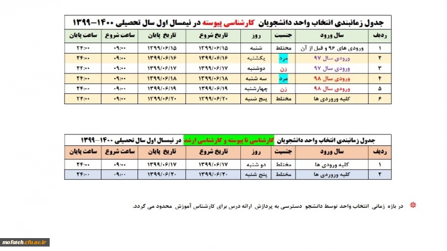 جدول زمان بندی انتخاب واحد دانشجویان کارشناسی پیوسته در نیمسال اول سال تحصیلی 1400-1399 3