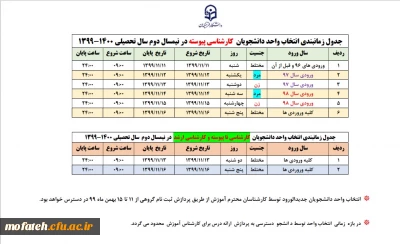 جدول زمانبندی انتخاب واحد دانشجومعلمان کارشناسی و کارشناسی ارشد دانشگاه فرهنگیان 
ورودی های ۹۸ و ماقبل