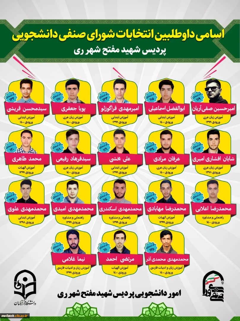 اسامی و مشخصات دانشجو معلمان کاندید شورای صنفی دانشگاه فرهنگیان پردیس شهید مفتح